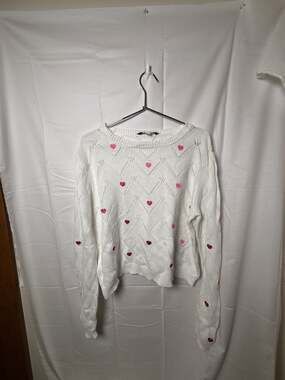 Studio 19 White Knit Sweater with Pink Embroidered Hearts Style KW10644 Size L